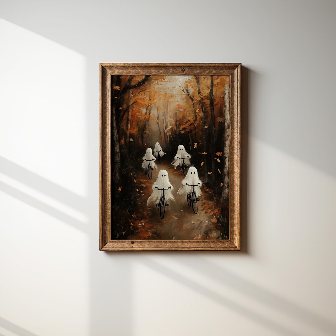 Ghosts Biking Autumn Forest Path Vintage Halloween Night Art Poster