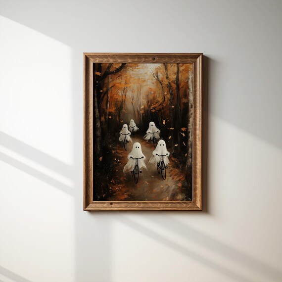 Ghosts Biking Autumn Forest Path Vintage Halloween Night Art Poster