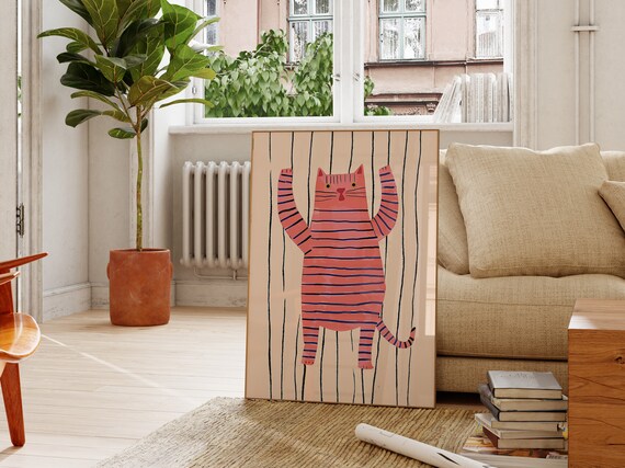 Funny Pink Striped Cat Paws Up Playful Nursery Animal Poster