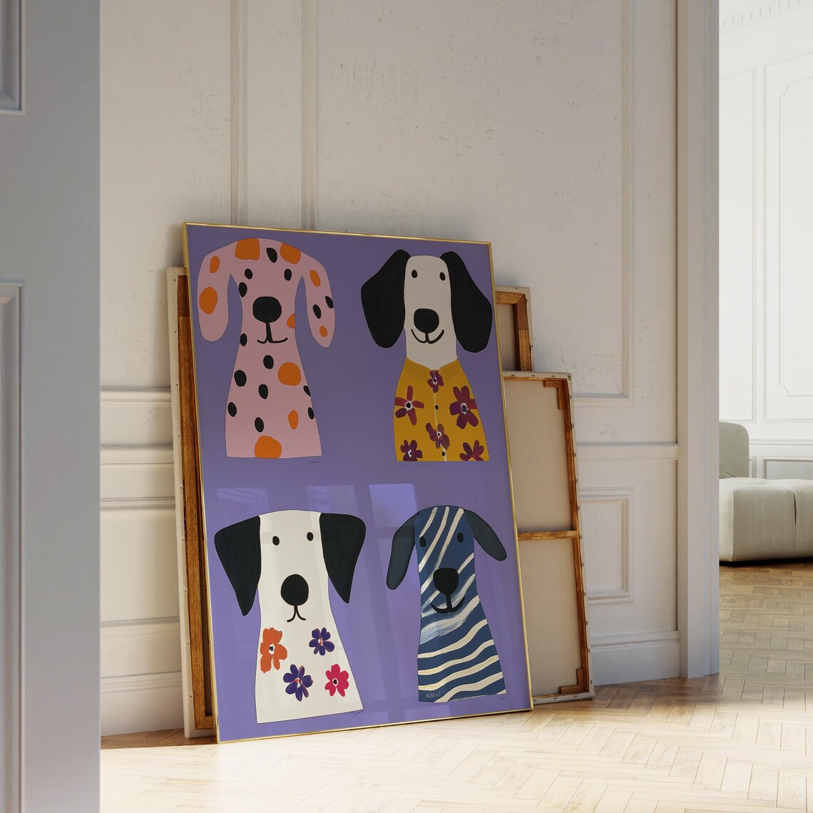 Colorful Puppy Collection Four Floral Striped Dogs Purple Wall Poster - Image 3