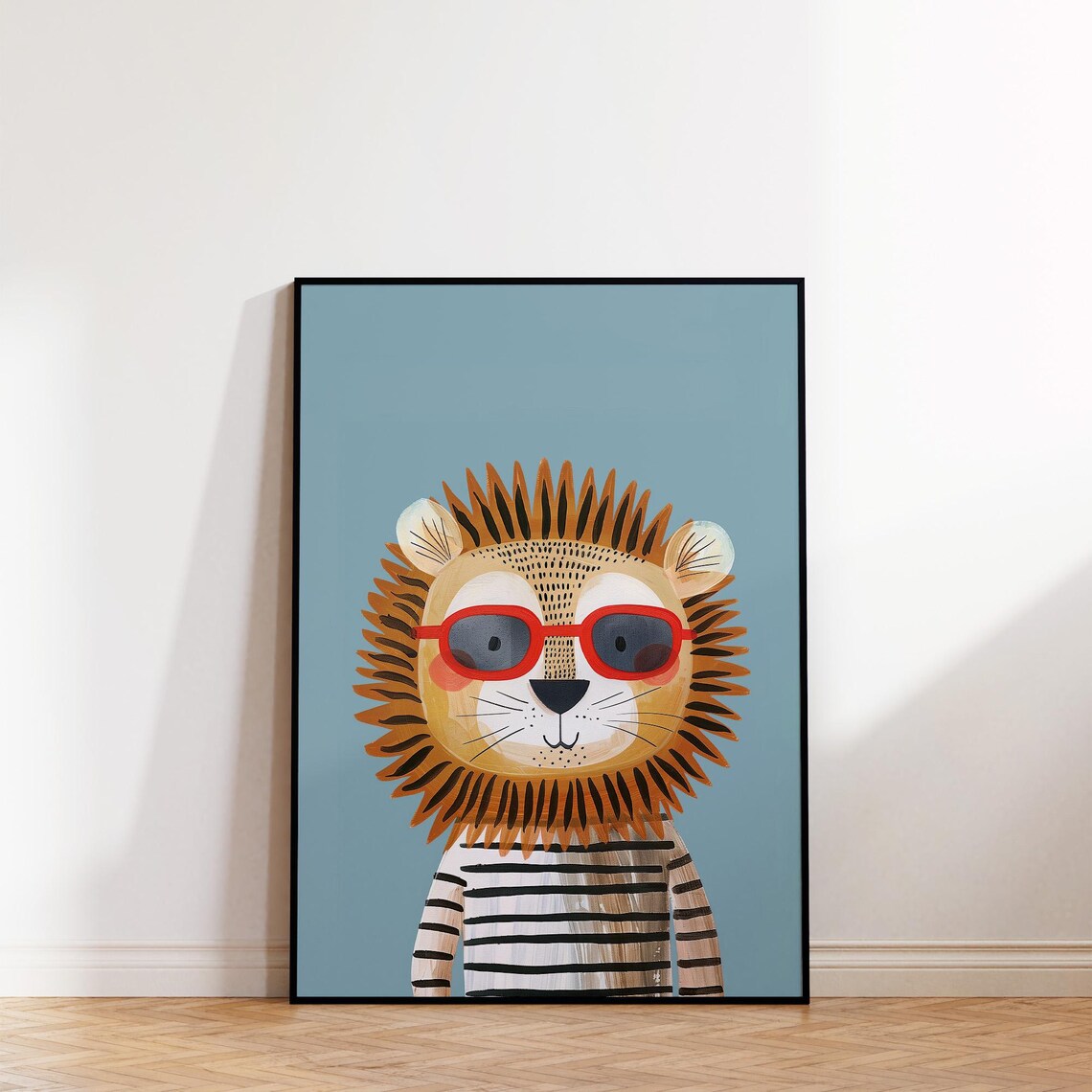 Cool Lion With Red Sunglasses Kids Room Print Striped Shirt Nursery Art - Image 2