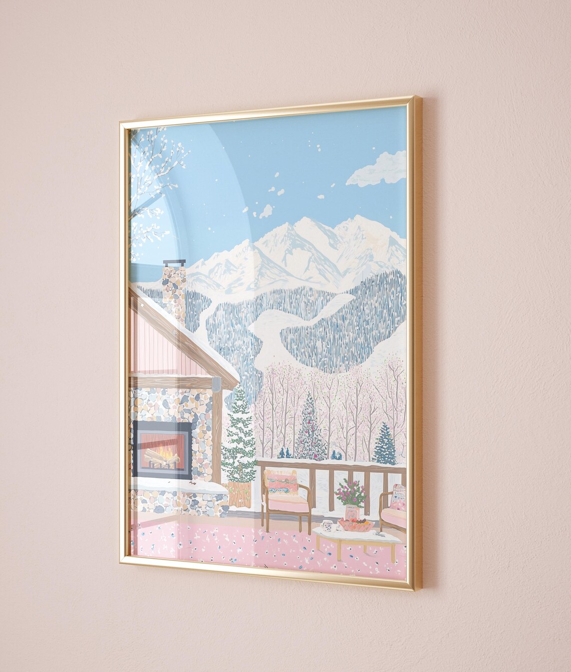 Winter Cabin Porch Fireplace Snowy Mountain Christmas Cozy Poster - Image 3