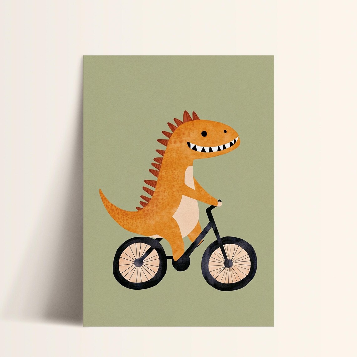 Orange T Rex Riding Bicycle Cute Nursery Kids Dino Art Poster - Image 3