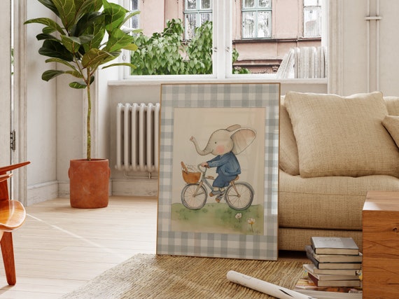 Elephant Vintage Nursery Print Kids Room Decor Boy Blue Gingham Pattern Decor Retro Elephant Print New Baby Gift