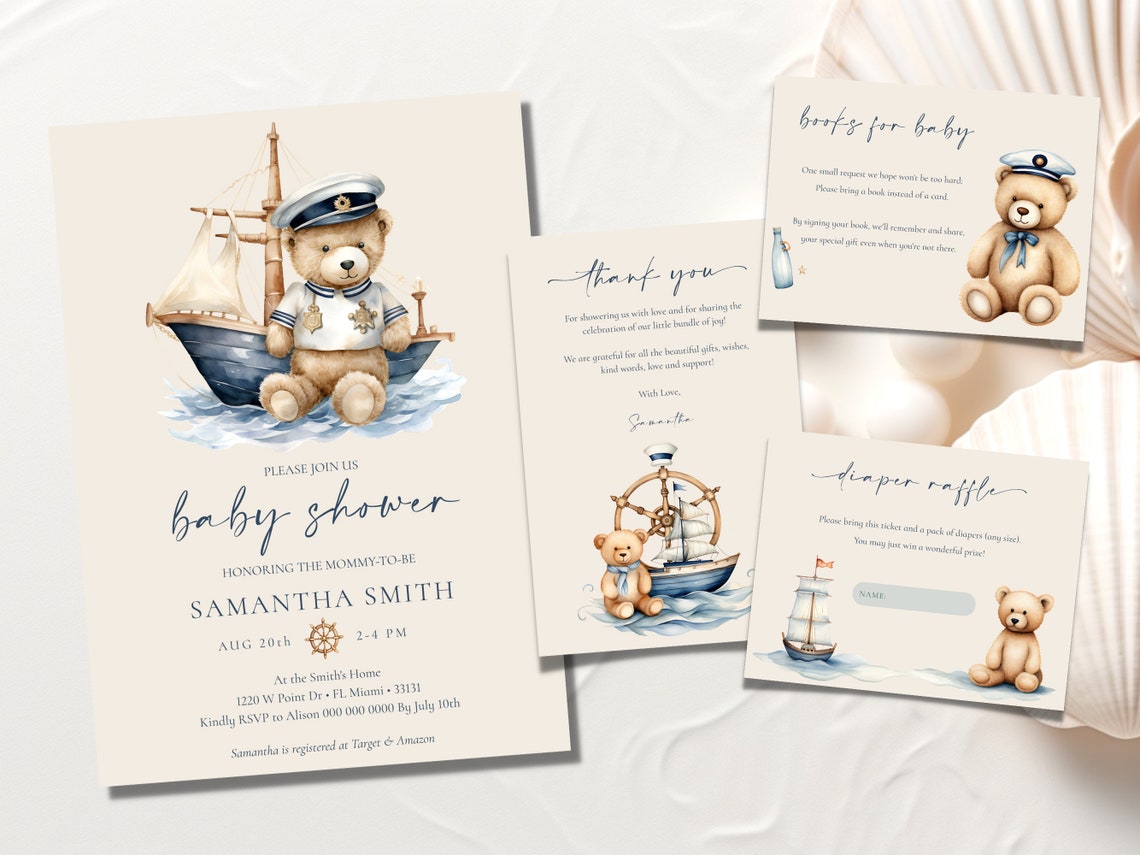 Nautical Teddy Bear Baby Shower Stationery Bundle Set Nursery Wall Art - Image 2