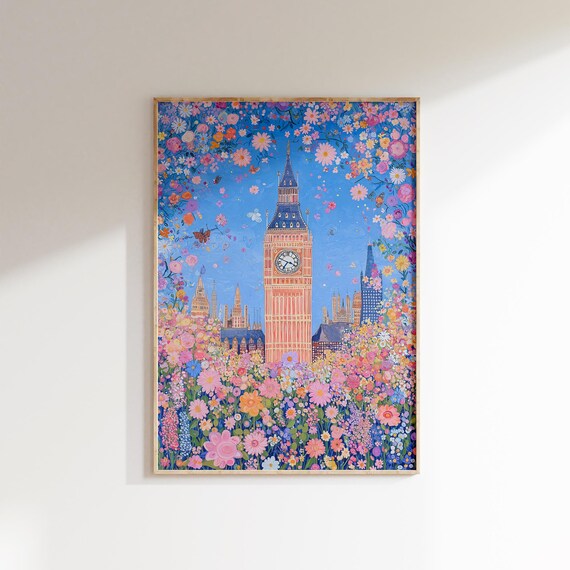 Big Ben Clock Tower Surrounded by Colorful Wildflowers London Art Poster