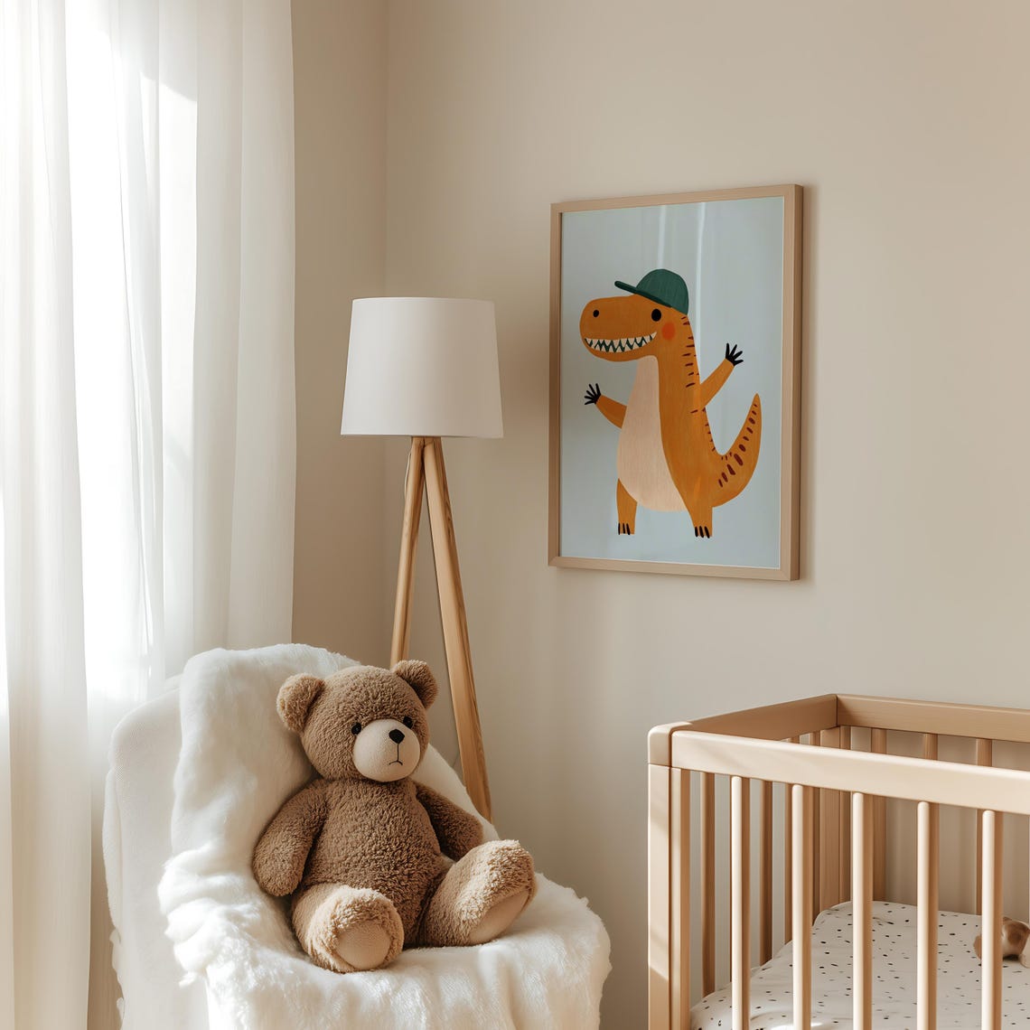 Cheerful Orange T Rex Wearing Green Cap Waving Kids Dino Poster - Image 3