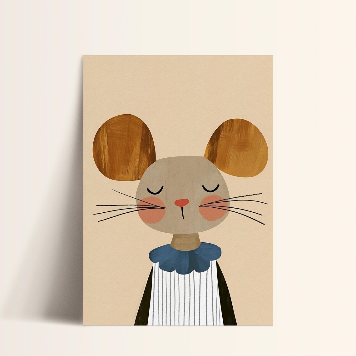 Sleepy Mouse Blue Collar Striped Dress Scandinavian Nursery Poster