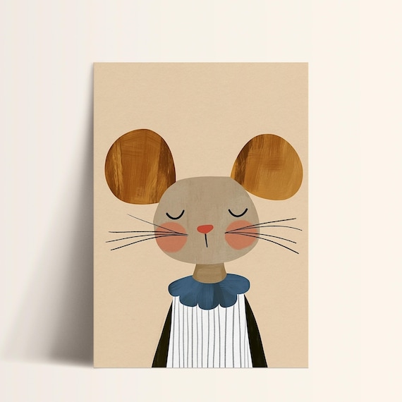 Sleepy Mouse Blue Collar Striped Dress Scandinavian Nursery Poster