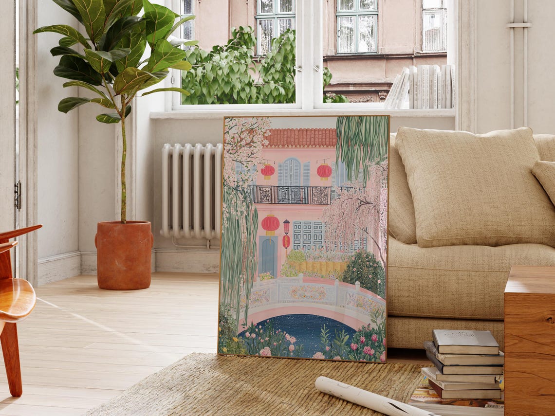 Chinese Garden Red Lanterns Arched Bridge Blossom Spring Poster - Image 2