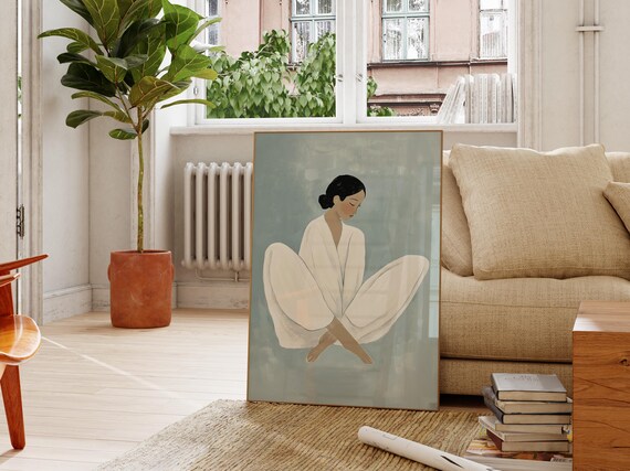 Seated Woman Meditating White Robe Sage Blue Minimalist Art Poster