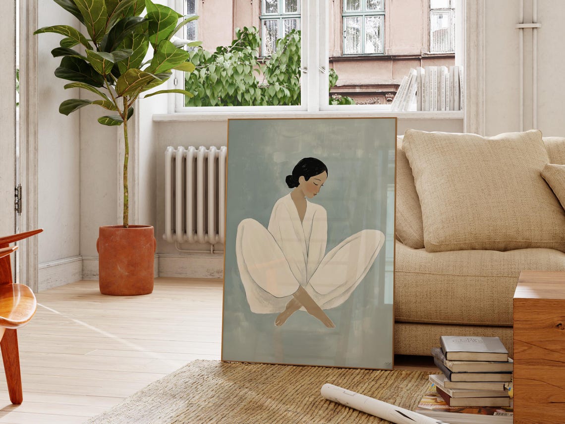 Seated Woman Meditating White Robe Sage Blue Minimalist Art Poster