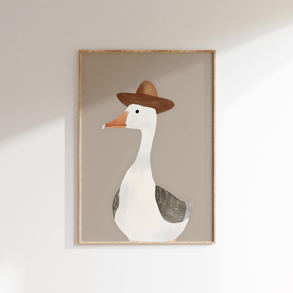 White Goose Wearing Cowboy Hat Taupe Background Fun Kids Room Art Poster