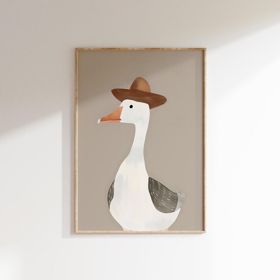 White Goose Wearing Cowboy Hat Taupe Background Fun Kids Room Art Poster