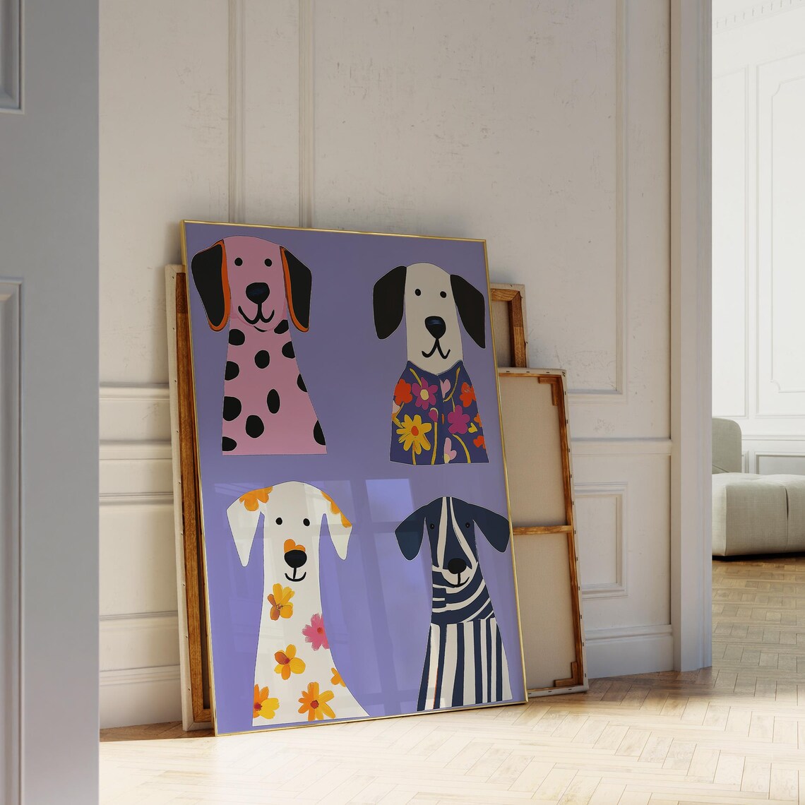 Vibrant Dogs Poster Four Floral Spotted Pups Lavender Kids Room Poster - Image 3