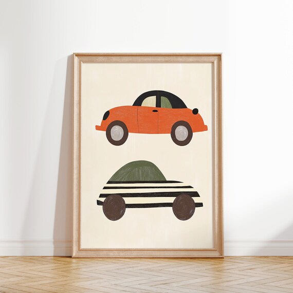 Two Retro Cars Orange Striped Cream Kids Room Vehicle Poster