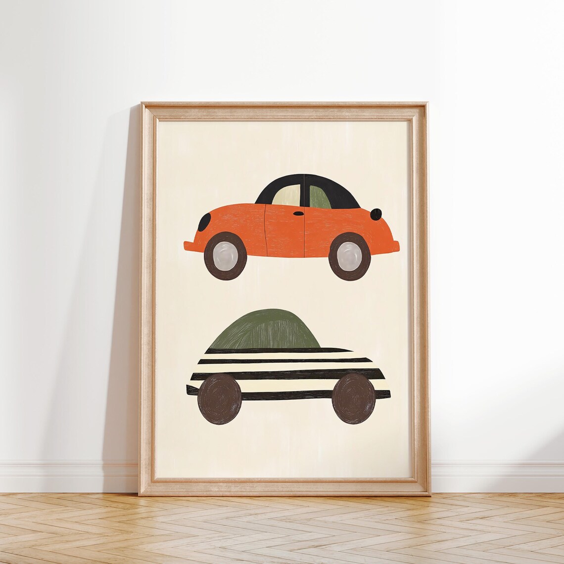 Two Retro Cars Orange Striped Cream Kids Room Vehicle Poster