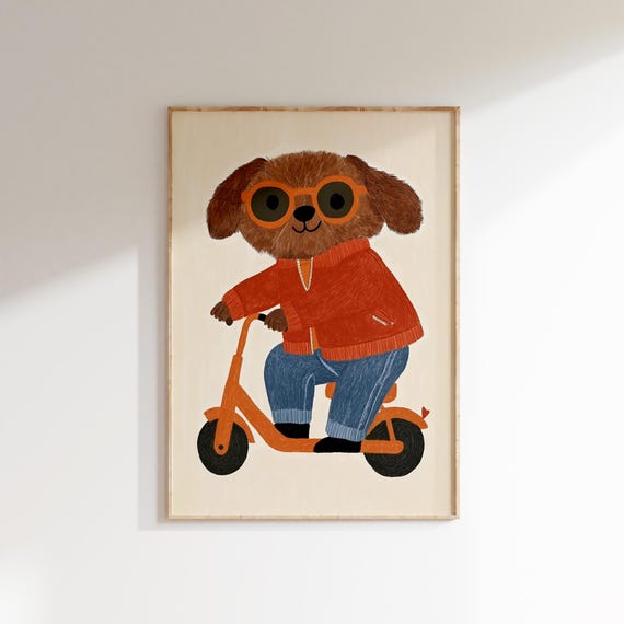Cool Dog On Scooter Art Print Playful Nursery Wall Decor Kids Room Illustration With Dog In Sunglasses Boys Room