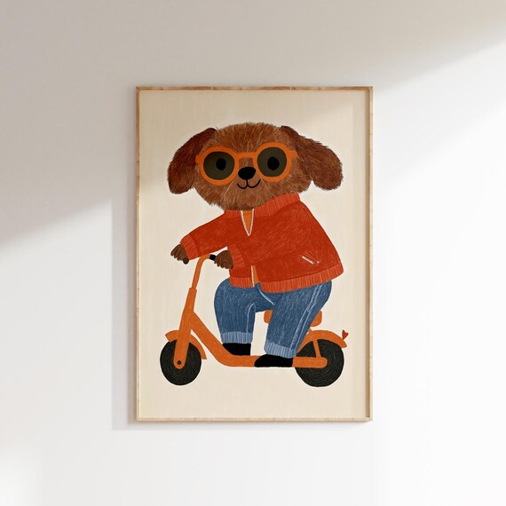 Cool Dog With Sunglasses Riding Orange Scooter Fun Kids Poster