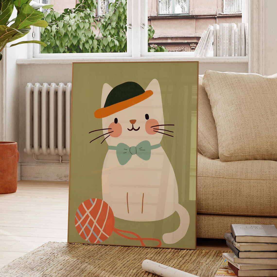 Fancy Cat Gentleman Bow Tie Bowler Hat Green Playroom Kids Wall Poster - Image 2