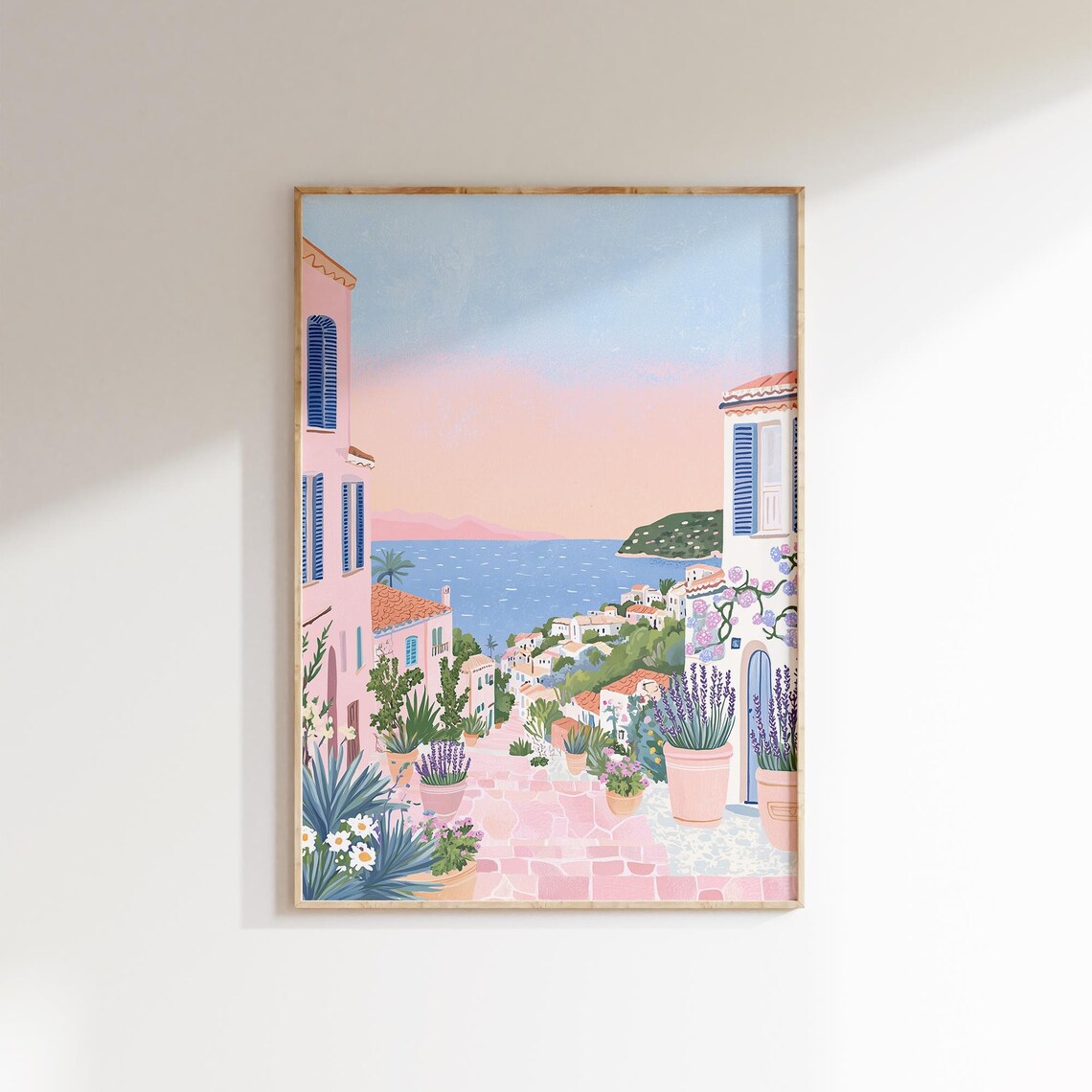 Mediterranean Coastal Alley Pink Sunset Seaside Village Poster - Image 2