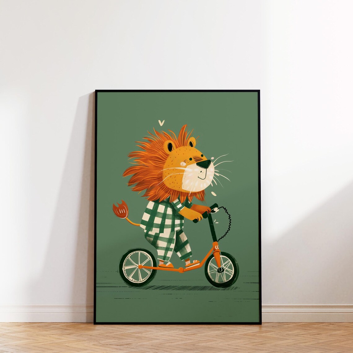 Playful Lion Riding Scooter Illustration Green Kids Room Art Poster - Image 2