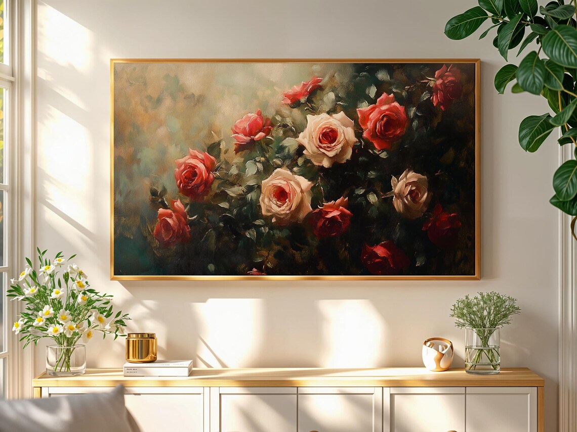 Coral Pink Roses Dark Moody Vintage Floral Still Life Art Poster - Image 2