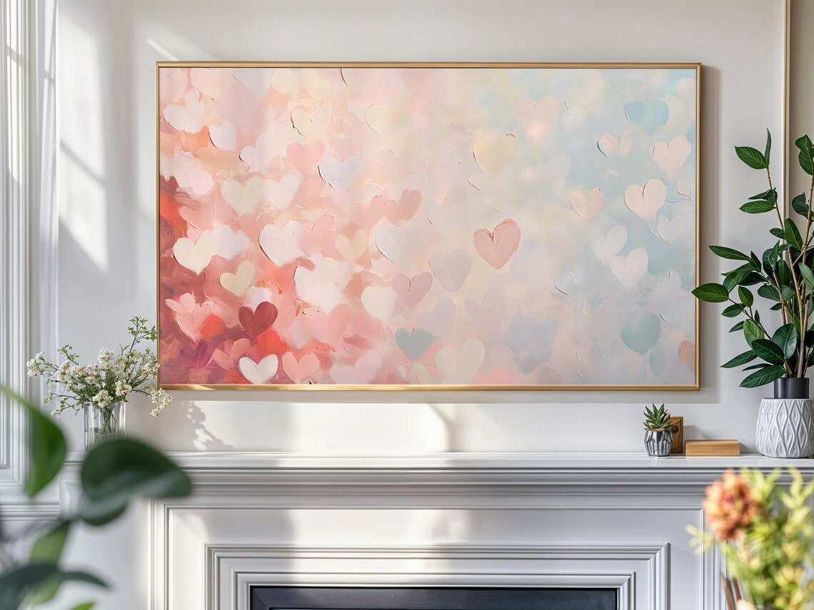 Abstract Pink Hearts Valentine Oil Painting Romantic Art Print - Image 4
