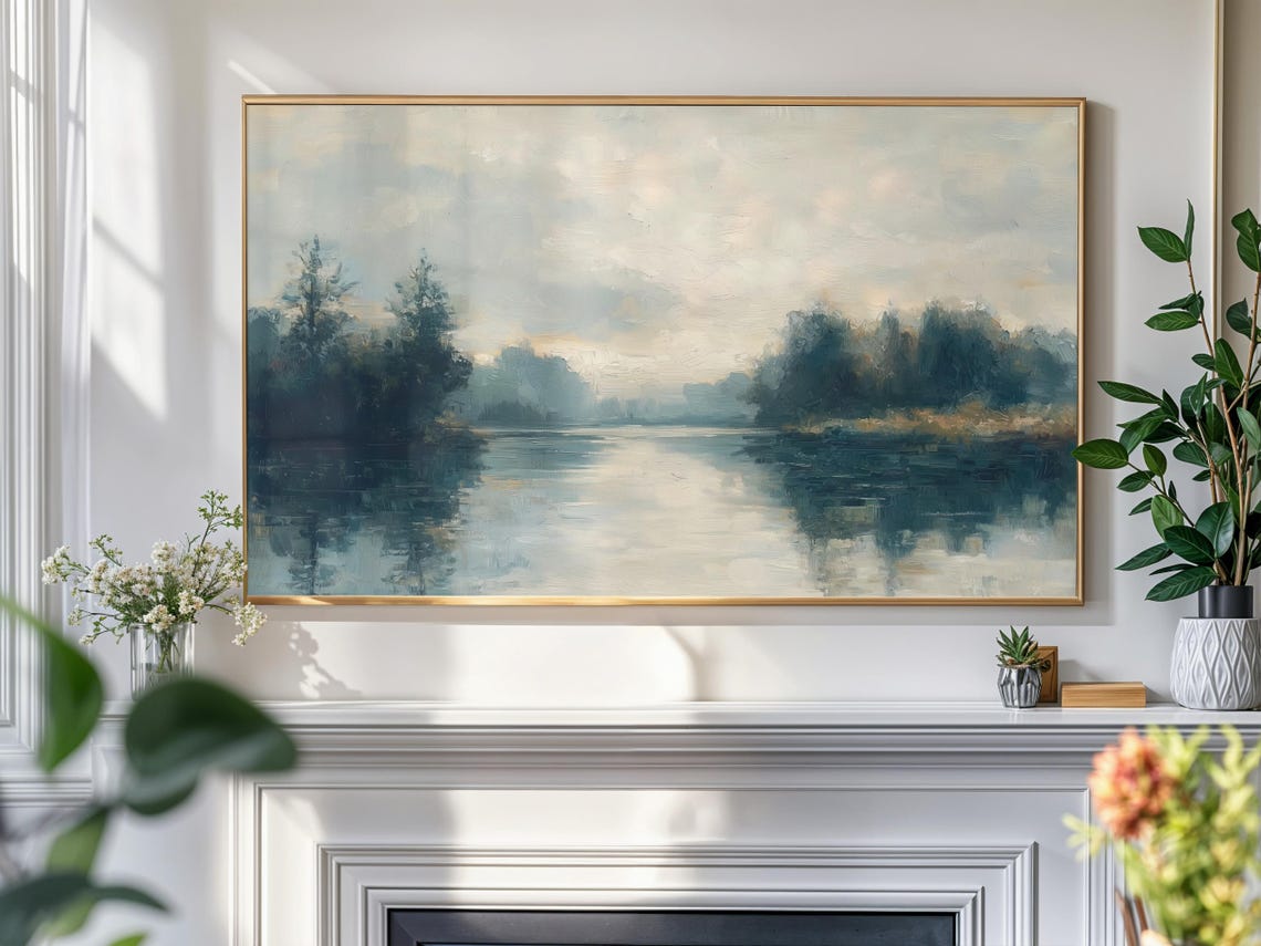 Moody Lake Reflections Dark Forest Vintage Landscape Painting Print - Image 4