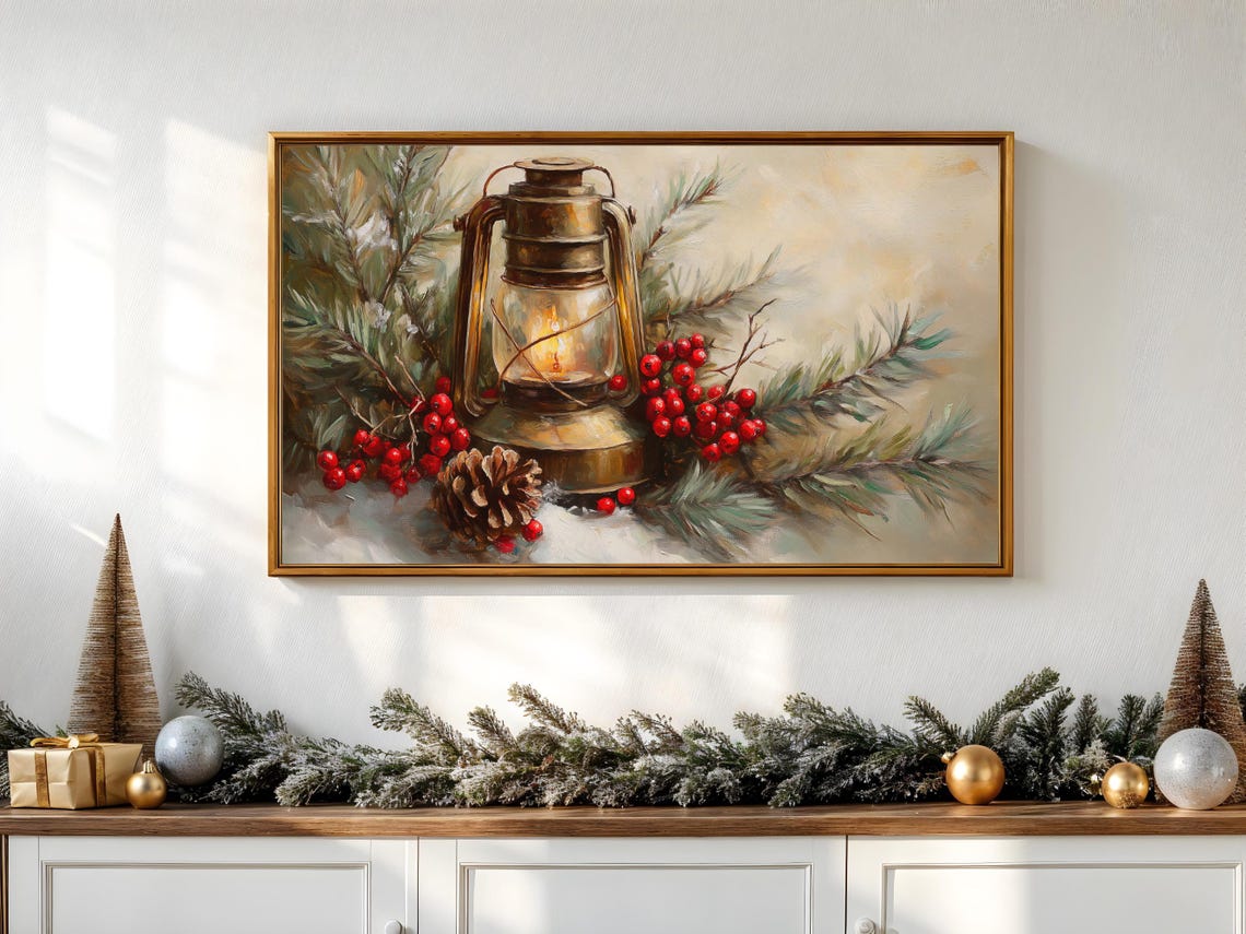 Vintage Lantern Glowing Candle Pine Berries Cozy Christmas Art Poster