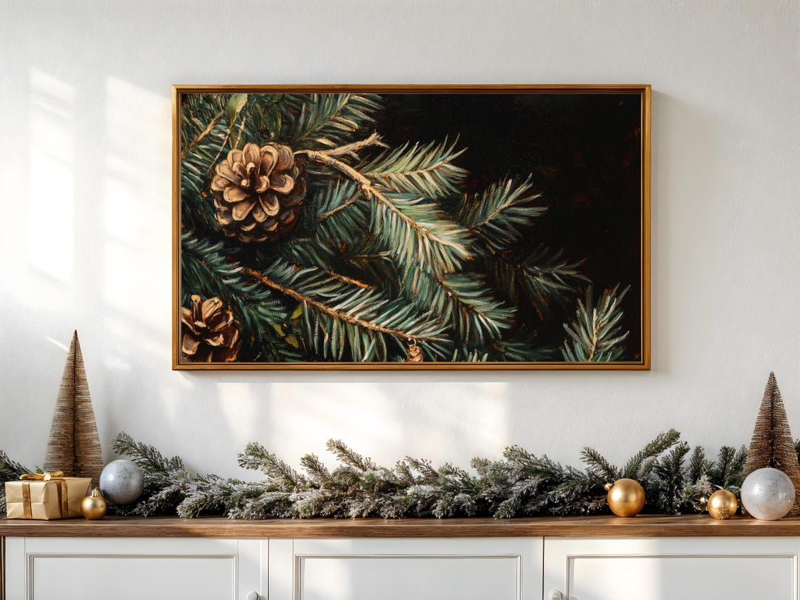 Pine Cones Evergreen Branches Dark Christmas Botanical Art Poster
