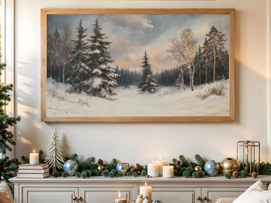 Snowy Pine Forest Winter Dusk Falling Snow Vintage Landscape Poster - Image 3
