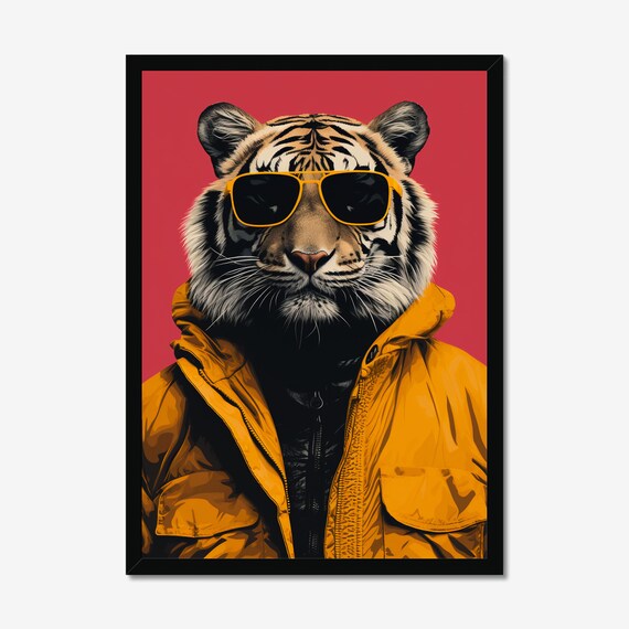 Cool Tiger Wearing Sunglasses and Yellow Jacket Funny Art Poster