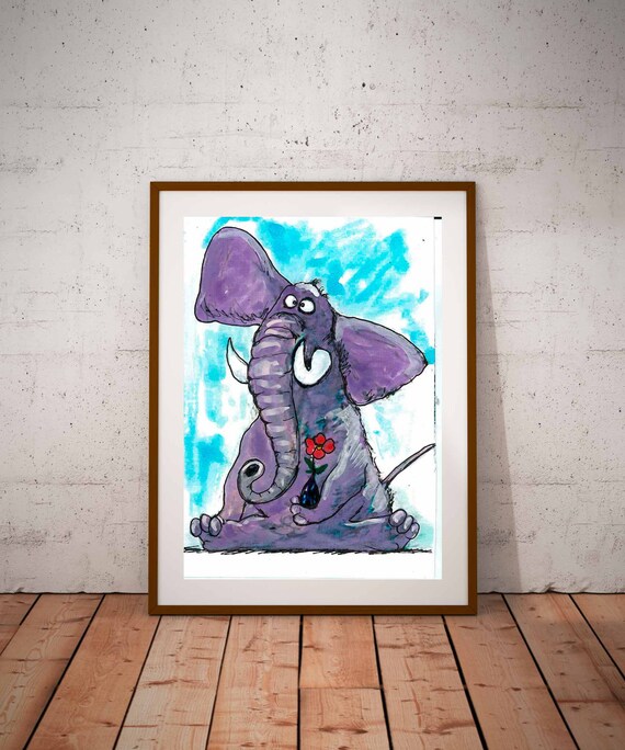 Funny Purple Cartoon Elephant Holding Flower Cute Animal Art Poster