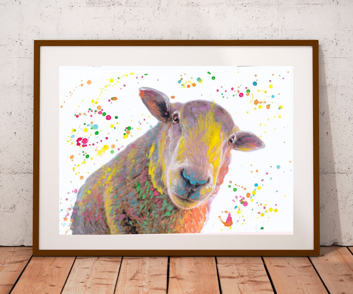Colorful Sheep Watercolor Splash Farm Animal Portrait Art Poster