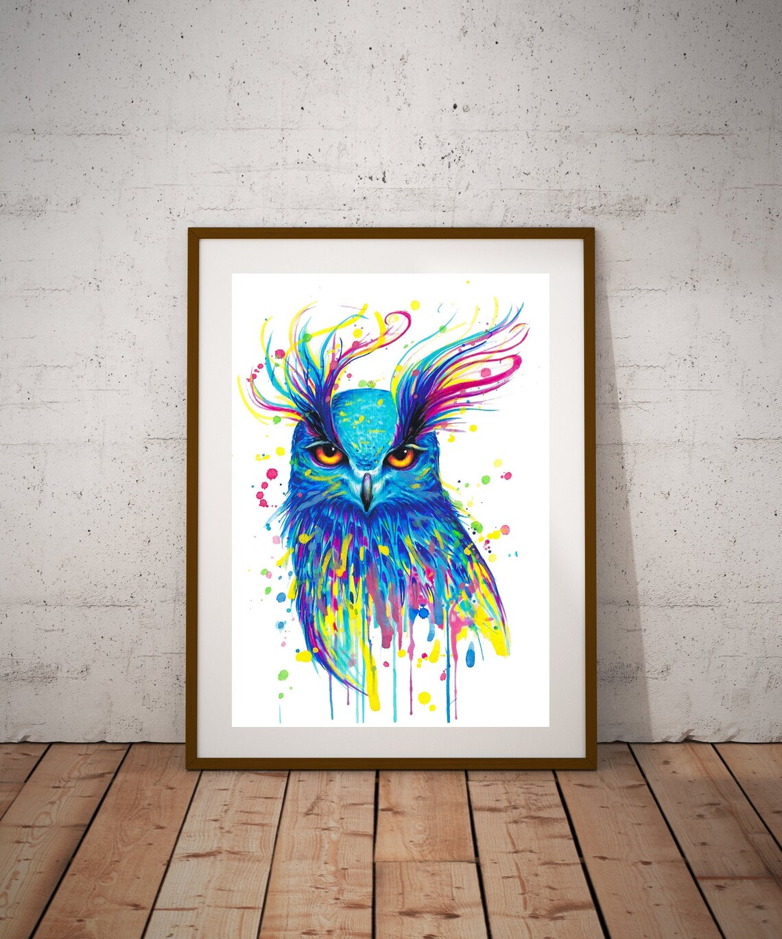 Colorful Owl Watercolor Portrait Ear Tufts Paint Drips Wall Art