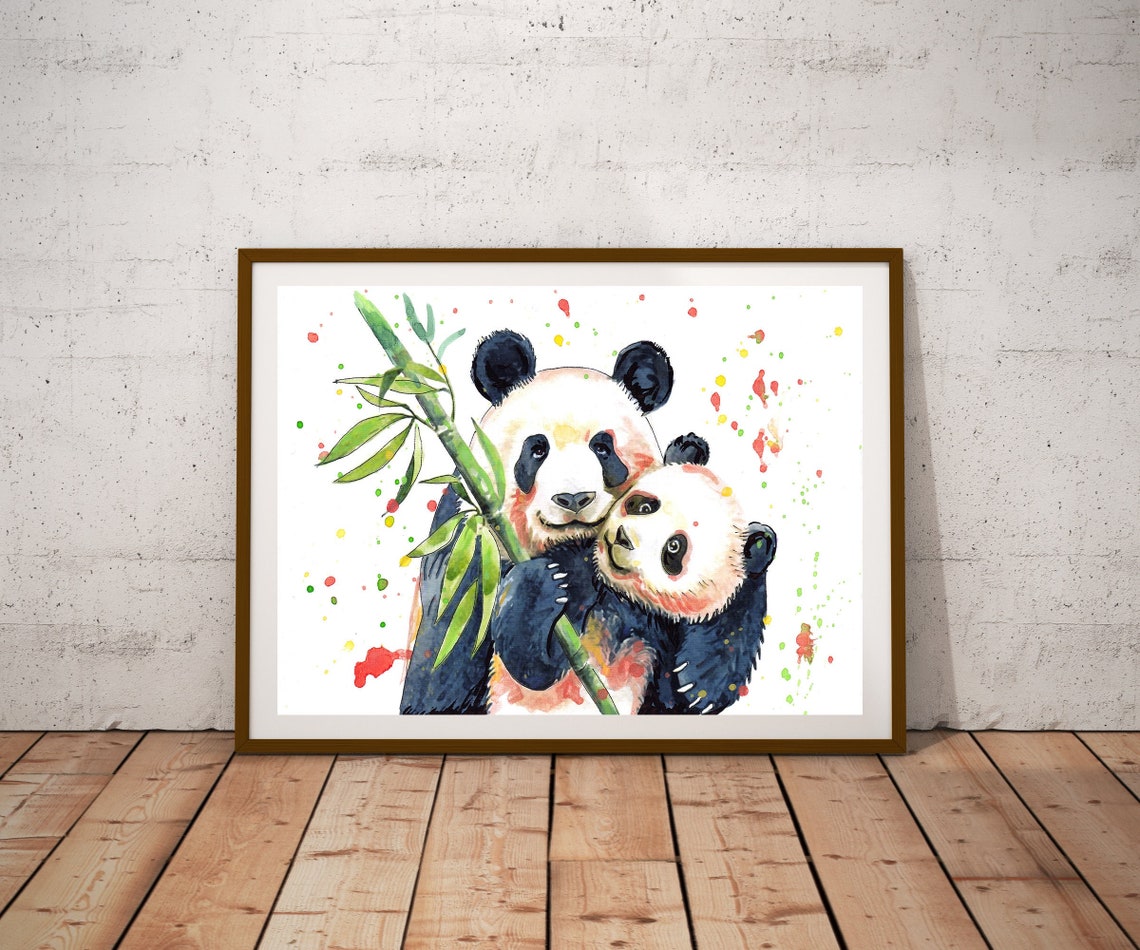 Two Pandas Hugging Bamboo Watercolor Splatter Cute Bear Wall Art