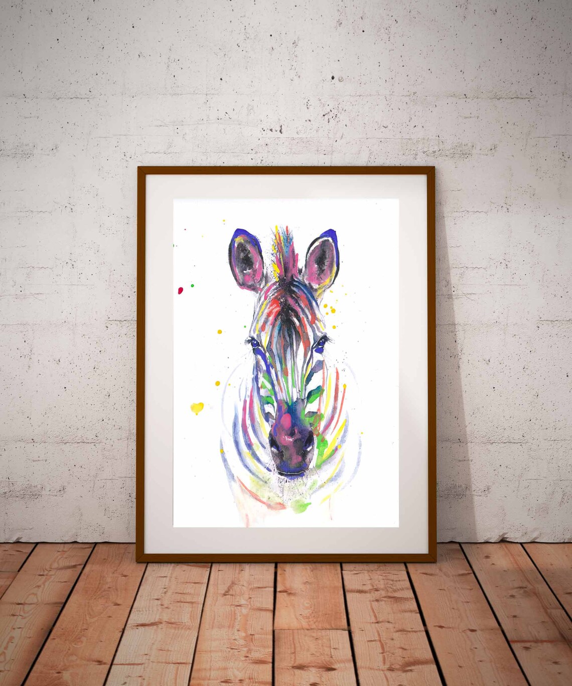 Zebra Head Rainbow Stripes Watercolor Splash Safari Animal Art Poster