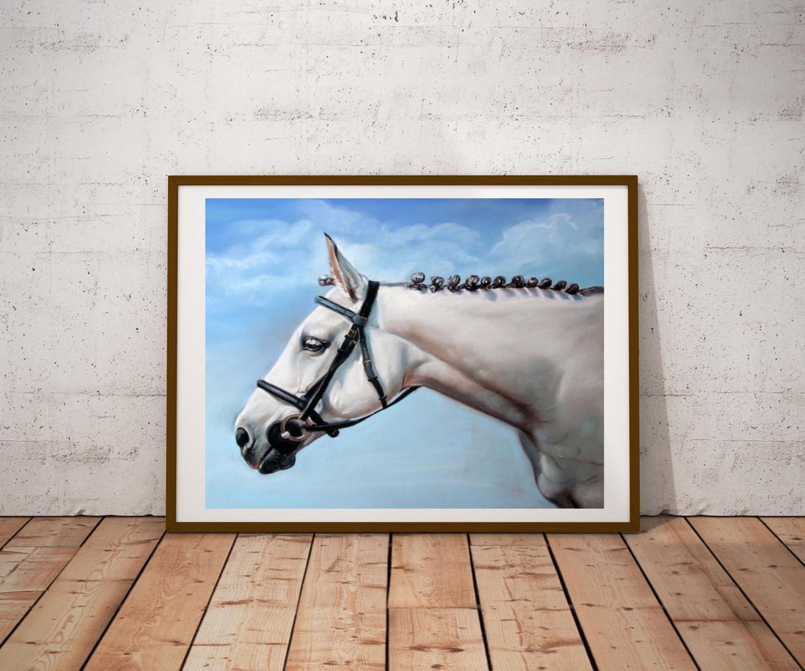 White Horse Head Profile Braided Mane Blue Sky Equestrian Art Poster