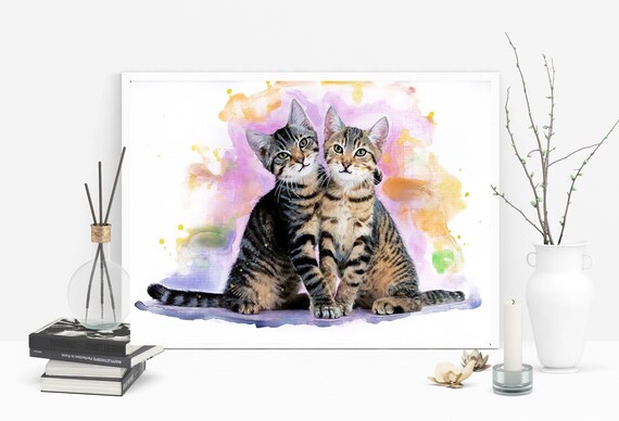 Two Tabby Kittens Colorful Watercolor Sweet Cat Siblings Art Poster
