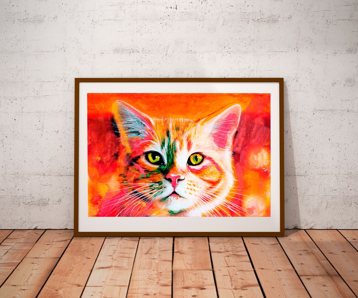Orange Tabby Cat Face Close Up Vibrant Watercolor Animal Art Poster