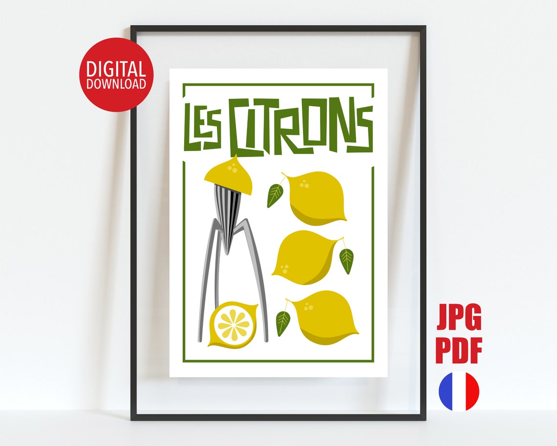 Les Citrons French Lemon Mid Century Modern Kitchen Art Poster