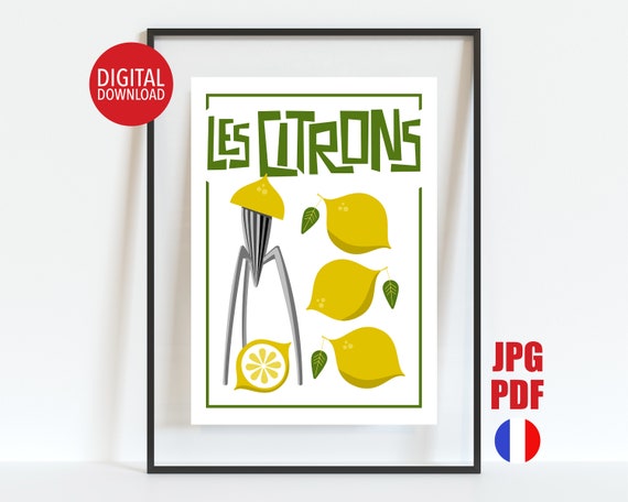 Les Citrons Mid Century Modern Print French Lemons Decor Abstract Kitchen Wall Art Juicy Lemon Squeezer Retro Kitchen Poster