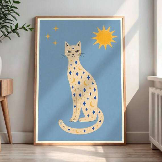 Boho Cat Wall Art Celestial Print Sun Moon Stars Decor Whimsical Feline