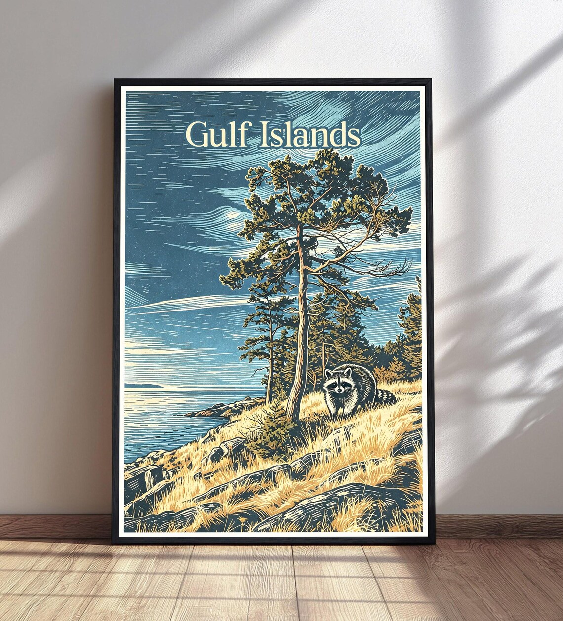 Gulf Islands Raccoon Cliff Pine Vintage Travel Coastal Art Poster