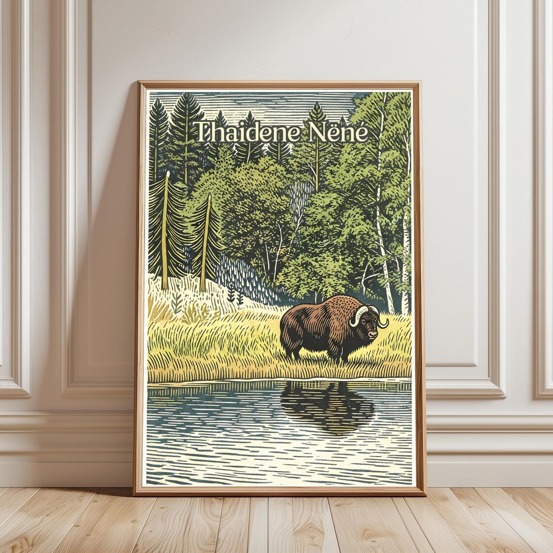 Thaidene Nene Musk Ox Woodcut Style Nature Poster
