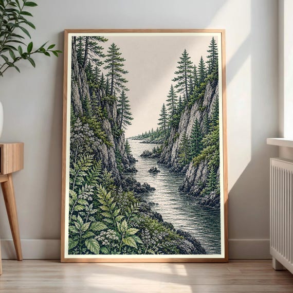 Vintage River Valley Art Print Woodcut Nature Landscape Forest Cliff Wall Rustic Cabin Decor