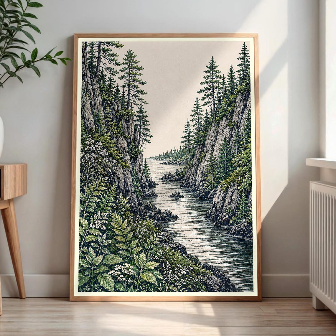 River Valley Between Pine Cliffs Vintage Woodcut Nature Poster