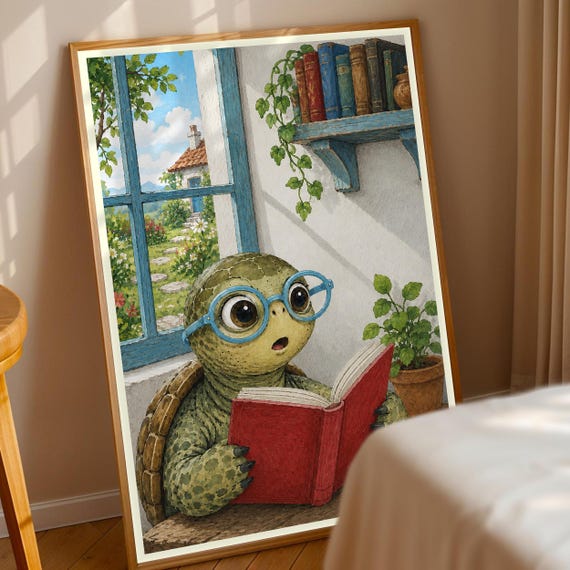 Turtle Reading Book Art Print Whimsical Animal Wall Decor Coastal Home Illustration