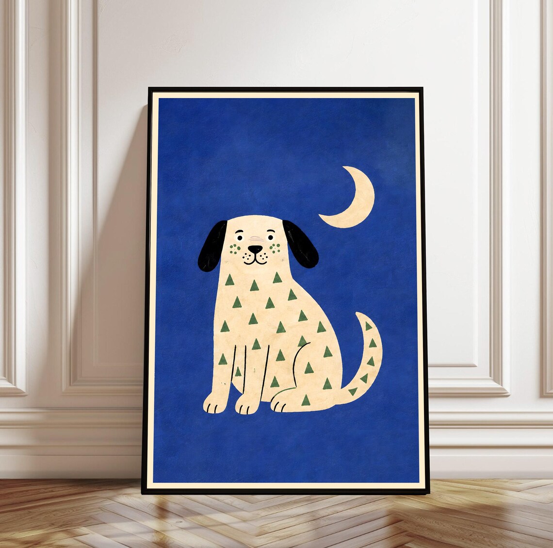 Cream Dog Crescent Moon Art Print, Whimsical Night Sky